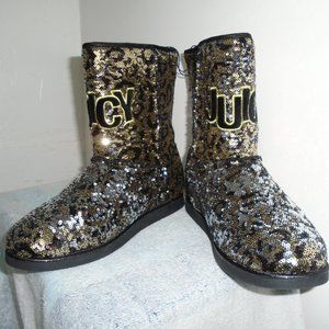 NEW JUICY COUTURE JC KOOKILY GOLD SEQUIN CHEETAH LEOPARD FAUX FUR LINED BOOTS 11